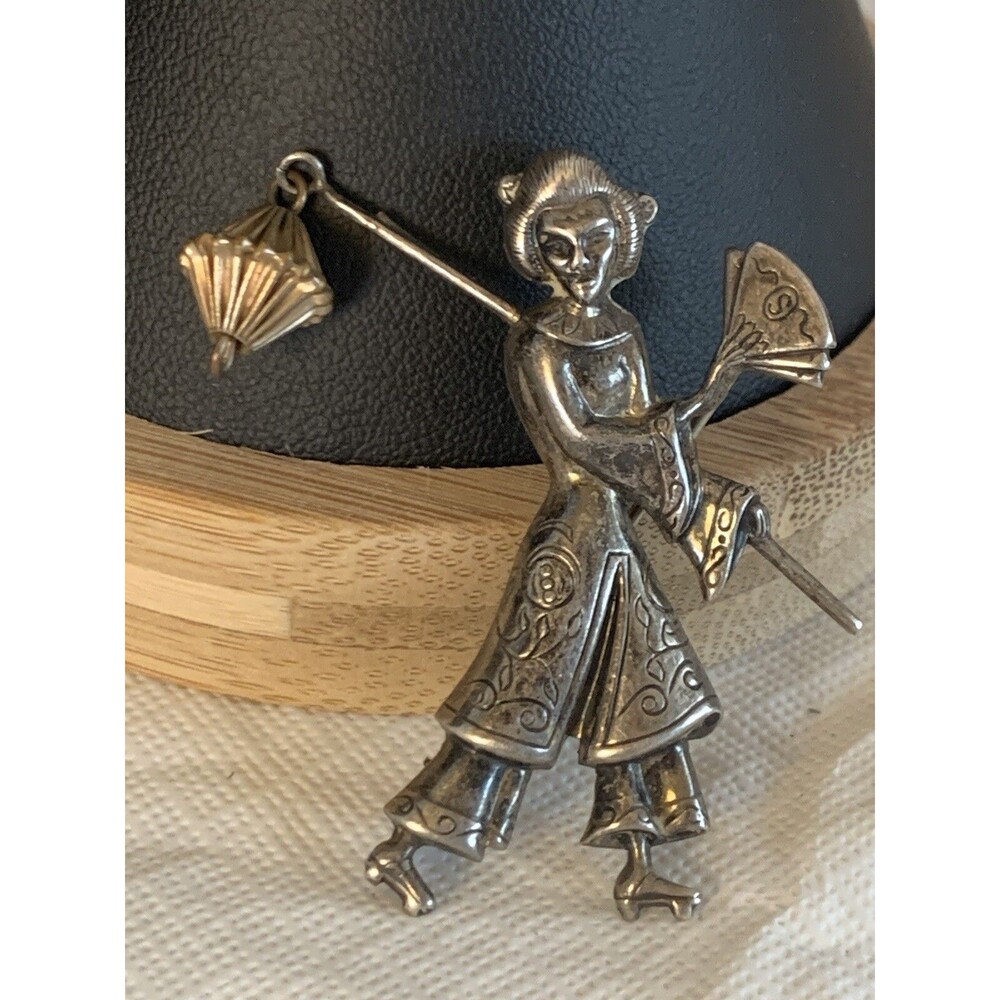 Vintage LANG Sterling Silver Japaneses Geisha Brooch 2" Intricate detail